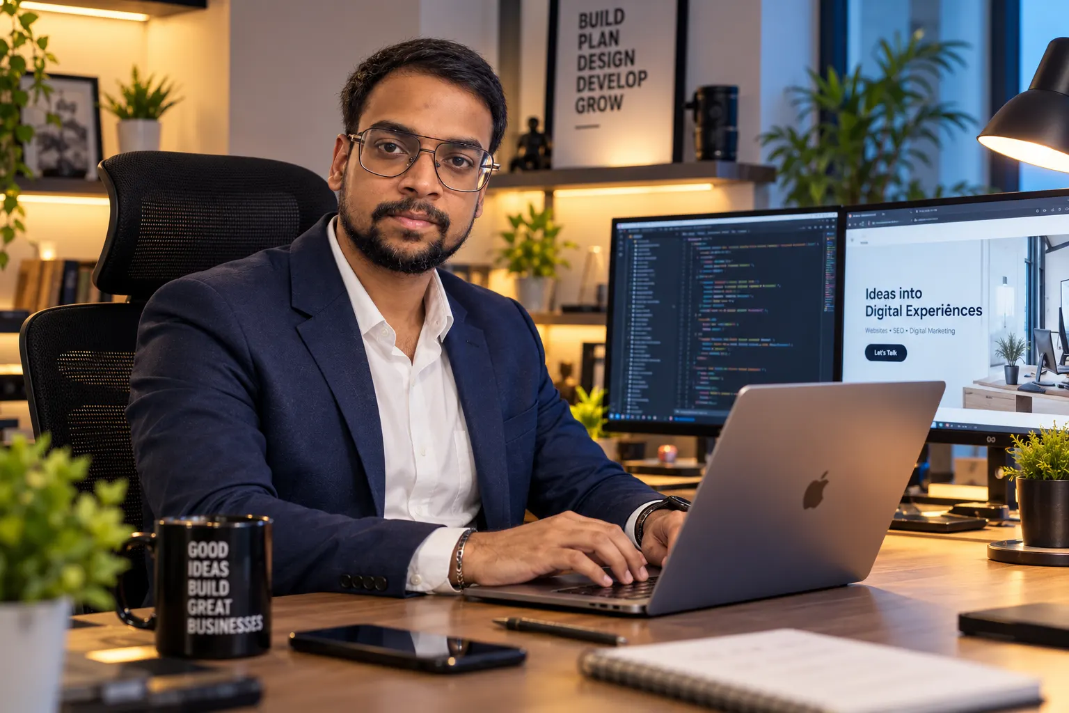 Bharathan at his desk in Chennai, working on a client website