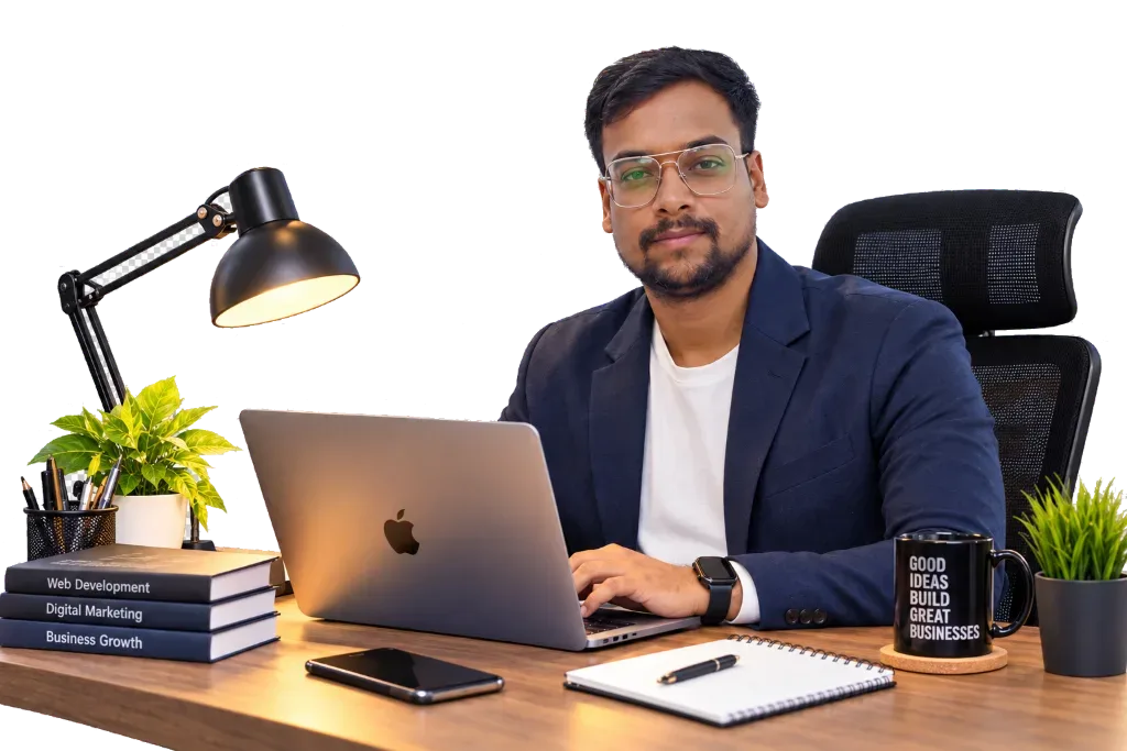 Bharathan working at his desk on a client website