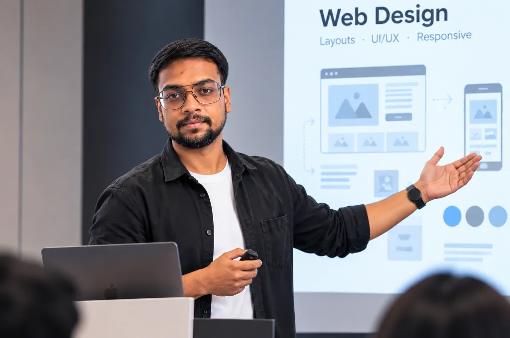 Bharathan.P teaching a web design class in Chennai