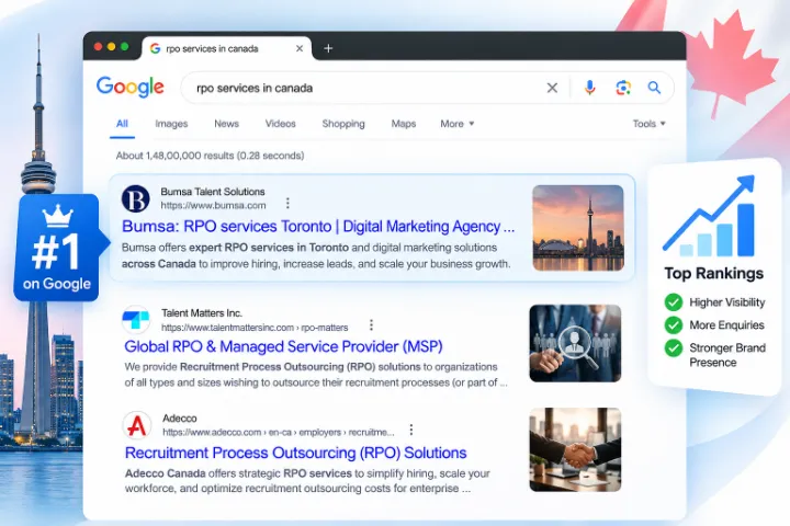 Google search for "rpo services in canada" showing Bumsa Talent Solutions ranked #1, SEO by Bharathan.P