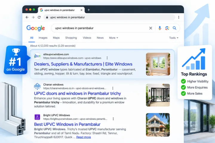 Google search for "upvc windows in perambalur" showing Elite UPVC Windows ranked #1, SEO by Bharathan.P