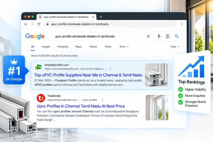 Google search for "upvc profile wholesale dealers in tamilnadu" showing Fenplast ranked #1, SEO by Bharathan.P