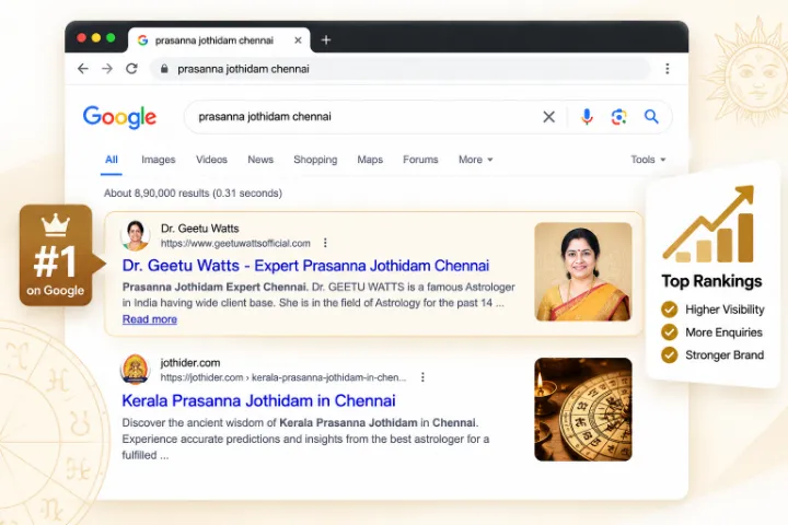 Google search for "prasanna jothidam chennai" showing Dr. Geetu Watts ranked #1, SEO by Bharathan.P