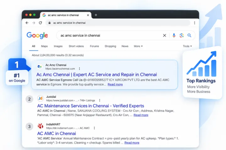 Google search for "ac amc service in chennai" showing ICY Aircon ranked #1, SEO by Bharathan.P