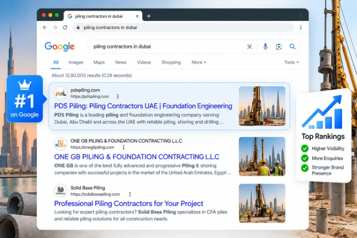 Google search for "piling contractors in dubai" showing PDS Piling ranked #1, SEO by Bharathan.P