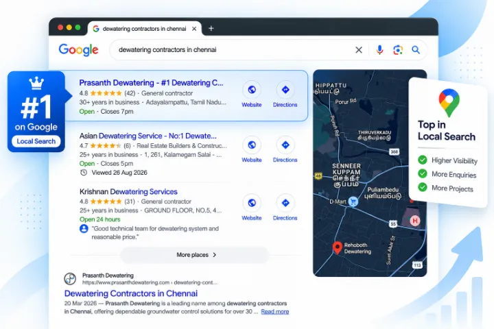 Google search for "dewatering contractors in chennai" showing Prasanth Dewatering ranked #1, SEO by Bharathan.P