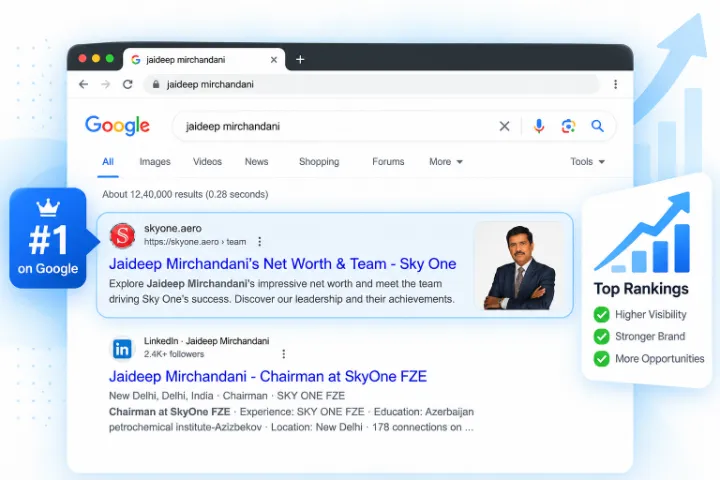 Google search for "jaideep mirchandani" showing Sky One Aviation ranked #1, SEO by Bharathan.P